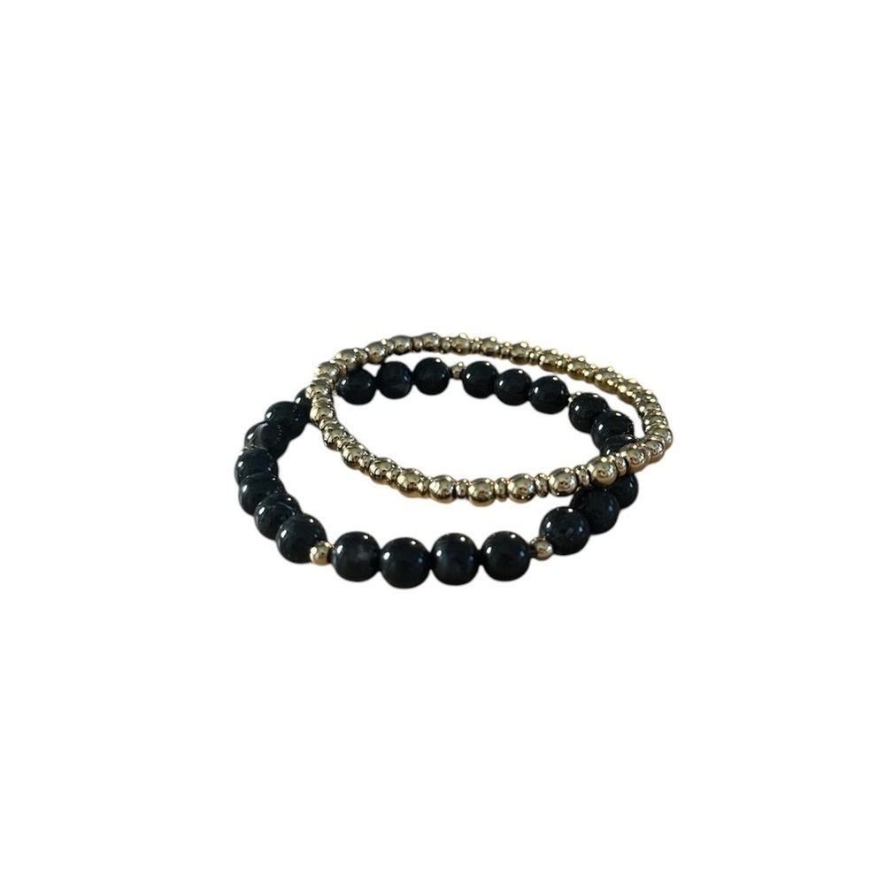 Black and Gold Beaded Bracelets With Elastic Stretch - OS - Metal and Plastic